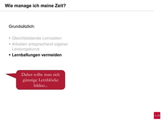 Wie manage ich meine Zeit?
Daher sollte man sich
günstige Lernblöcke
bilden...
Grundsätzlich:
 Gleichbleibende Lernzeiten
 Arbeiten entsprechend eigener
Leistungskurve
 Lernballungen vermeiden
 