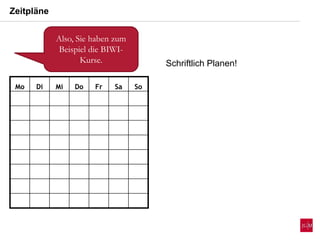 Zeitpläne
Mo Di Mi Do Fr Sa So
Also, Sie haben zum
Beispiel die BIWI-
Kurse. Schriftlich Planen!
 