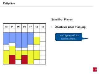 Zeitpläne
Mo Di Mi Do Fr Sa SoMo Di Mi Do Fr Sa So
...und Sport will ich
auch machen...
Schriftlich Planen!
• Überblick über Planung
 