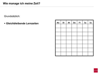 Wie manage ich meine Zeit?
Mo Di Mi Do Fr Sa So
Grundsätzlich:
 Gleichbleibende Lernzeiten
 