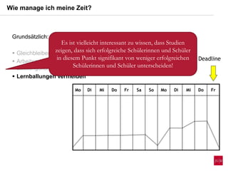 Grundsätzlich:
 Gleichbleibende Lernzeiten
 Arbeiten entsprechend eigener
Leistungskurve
 Lernballungen vermeiden
Wie manage ich meine Zeit?
Deadline
Es ist vielleicht interessant zu wissen, dass Studien
zeigen, dass sich erfolgreiche Schülerinnen und Schüler
in diesem Punkt signifikant von weniger erfolgreichen
Schülerinnen und Schüler unterscheiden!
Mo Di Mi Do Fr Sa So Mo Di Mi Do Fr
 