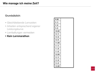 9.00
9.15
9.30
9.45
10.00
10.15
10.30
10.45
11.00
11.15
11.30
11.45
12.00
12.15
12.30
12.45
13.00
Wie manage ich meine Zeit?
Grundsätzlich:
 Gleichbleibende Lernzeiten
 Arbeiten entsprechend eigener
Leistungskurve
 Lernballungen vermeiden
 Kein Lernmarathon
 