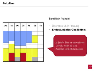 Zeitpläne
Mo Di Mi Do Fr Sa So
Schriftlich Planen!
• Überblick über Planung
• Entlastung des Gedächtnis
Mo Di Mi Do Fr Sa So
Ja Jakob! Das ist ein weiterer
Vorteil, wenn du den
Zeitplan schriftlich machst:
 