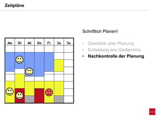 Zeitpläne
Mo Di Mi Do Fr Sa SoMo Di Mi Do Fr Sa So
Schriftlich Planen!
• Überblick über Planung
• Entlastung des Gedächtnis
• Nachkontrolle der Planung
 