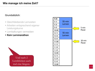 9.00
9.15
9.30
9.45
10.00
10.15
10.30
10.45
11.00
11.15
11.30
11.45
12.00
12.15
12.30
12.45
13.00
Wie manage ich meine Zeit?
55 min
Lernen
55 min
Lernen
20 min
Pause
Und nach 2
Lernblöcken auch
mal eine längere.
5 min
Pause
Grundsätzlich:
 Gleichbleibende Lernzeiten
 Arbeiten entsprechend eigener
Leistungskurve
 Lernballungen vermeiden
 Kein Lernmarathon
 