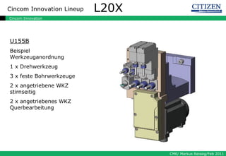 L20X U155B Beispiel Werkzeuganordnung 1 x Drehwerkzeug 3 x feste Bohrwerkzeuge 2 x angetriebene WKZ stirnseitig 2 x angetriebenes WKZ Querbearbeitung 