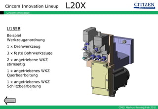 L20X U155B Beispiel Werkzeuganordnung 1 x Drehwerkzeug 3 x feste Bohrwerkzeuge 2 x angetriebene WKZ stirnseitig 1 x angetriebenes WKZ Querbearbeitung 1 x angetriebenes WKZ Schlitzbearbeitung 