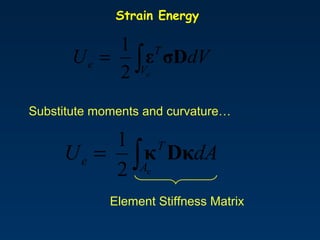 Strain Energy
∫=
eV
T
e dVU σDε
2
1
∫=
eA
T
e dAU Dκκ
2
1
Substitute moments and curvature…
Element Stiffness Matrix
 