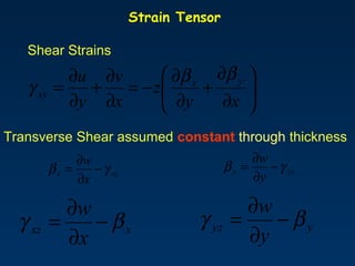 Strain Tensor
Shear Strains






∂
∂
+
∂
∂
−=
∂
∂
+
∂
∂
=
xy
z
x
v
y
u yx
xy
ββ
γ
Transverse Shear assumed consta...
