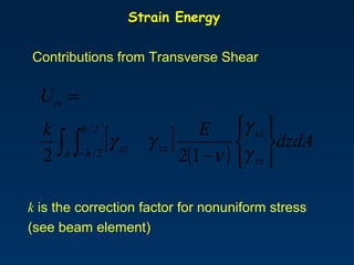 Strain Energy
Contributions from Transverse Shear
[ ] ( )
dzdA
Ek
U
yz
xz
A
h
h
yzxz
ts






−
=
∫ ∫− γ
γ
ν
γγ
122
...
