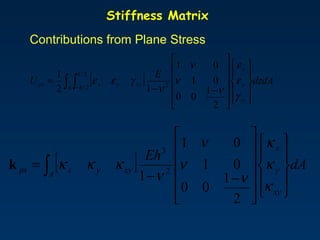 Stiffness Matrix
Contributions from Plane Stress
[ ] dzdA
E
U
xy
y
x
A
h
h
xyyxps




















...