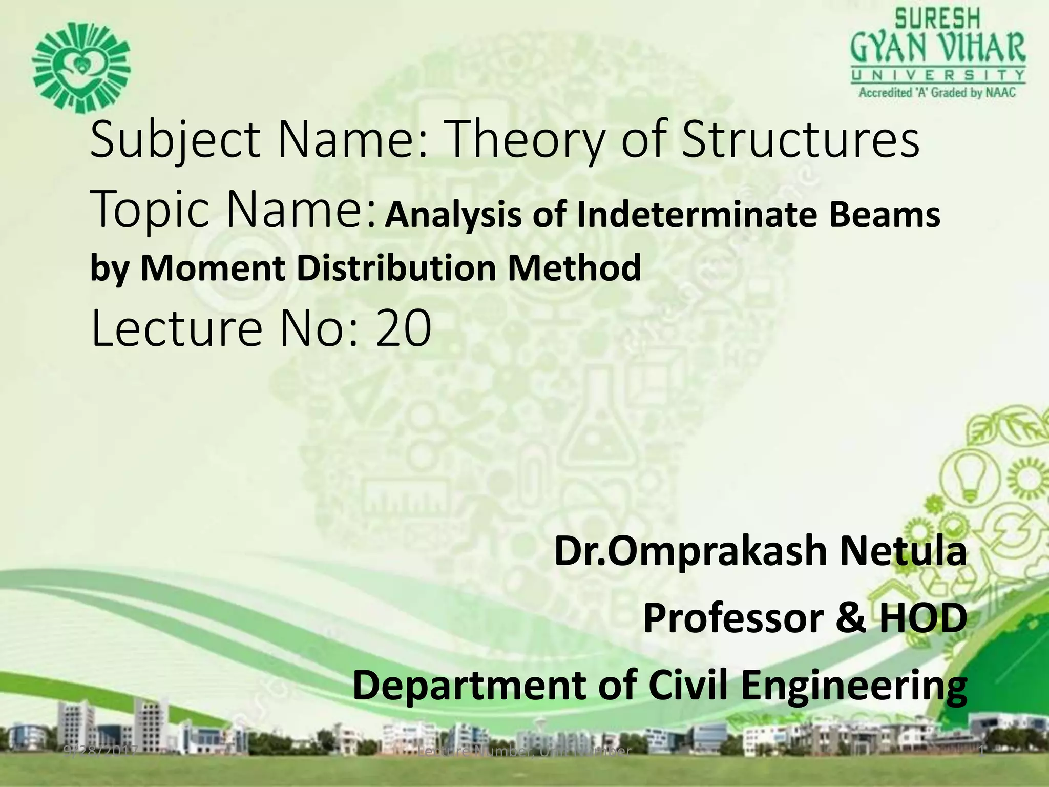 Subject Name: Theory of Structures
Topic Name:Analysis of Indeterminate Beams
by Moment Distribution Method
Lecture No: 20
Dr.Omprakash Netula
Professor & HOD
Department of Civil Engineering
9/28/2017 Lecture Number, Unit Number 1
 