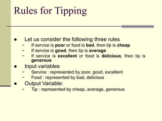 Rules for Tipping
● Let us consider the following three rules
− If service is poor or food is bad, then tip is cheap
− If ...