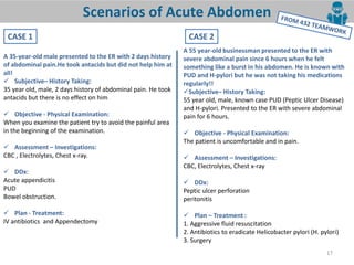 17
Scenarios of Acute Abdomen
A 35-year-old male presented to the ER with 2 days history
of abdominal pain.He took antacids but did not help him at
all!
 Subjective– History Taking:
35 year old, male, 2 days history of abdominal pain. He took
antacids but there is no effect on him
 Objective - Physical Examination:
When you examine the patient try to avoid the painful area
in the beginning of the examination.
 Assessment – Investigations:
CBC , Electrolytes, Chest x-ray.
 DDx:
Acute appendicitis
PUD
Bowel obstruction.
 Plan - Treatment:
IV antibiotics and Appendectomy
A 55 year-old businessman presented to the ER with
severe abdominal pain since 6 hours when he felt
something like a burst in his abdomen. He is known with
PUD and H-pylori but he was not taking his medications
regularly!!
Subjective– History Taking:
55 year old, male, known case PUD (Peptic Ulcer Disease)
and H-pylori. Presented to the ER with severe abdominal
pain for 6 hours.
 Objective - Physical Examination:
The patient is uncomfortable and in pain.
 Assessment – Investigations:
CBC, Electrolytes, Chest x-ray
 DDx:
Peptic ulcer perforation
peritonitis
 Plan – Treatment :
1. Aggressive fluid resuscitation
2. Antibiotics to eradicate Helicobacter pylori (H. pylori)
3. Surgery
CASE 1 CASE 2
 