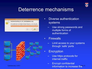 Deterrence mechanisms
                           •   Diverse authentication
                               systems
                               –   Use strong passwords and
                                   multiple forms of
                                   authentication

                           •   Firewalls
                               –   Limit access to your systems
                                   through „safe‟ ports

                           •   Encryption
                               –   Use https protocols for
                                   internet traffic
                               –   Encrypt confidential
Cybersecurity 2, 2013
                                   information to increase the 14
                                                             Slide
 