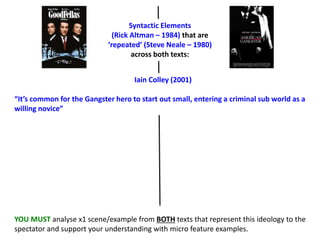 Iain Colley (2001)
“It’s common for the Gangster hero to start out small, entering a criminal sub world as a
willing novice”
Syntactic Elements
(Rick Altman – 1984) that are
‘repeated’ (Steve Neale – 1980)
across both texts:
YOU MUST analyse x1 scene/example from BOTH texts that represent this ideology to the
spectator and support your understanding with micro feature examples.
 