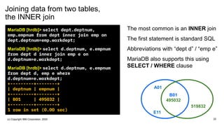 Joining data from two tables,
the INNER join
MariaDB [hrdb]> select dept.deptnum,
emp.empnum from dept inner join emp on
dept.deptnum=emp.workdept;
MariaDB [hrdb]> select d.deptnum, e.empnum
from dept d inner join emp e on
d.deptnum=e.workdept;
MariaDB [hrdb]> select d.deptnum, e.empnum
from dept d, emp e where
d.deptnum=e.workdept;
+---------+--------+
| deptnum | empnum |
+---------+--------+
| B01 | 495032 |
+---------+--------+
1 row in set (0.00 sec)
The most common is an INNER join
The first statement is standard SQL
Abbreviations with “dept d” / “emp e”
MariaDB also supports this using
SELECT / WHERE clause
B01
495032
A01
E11
519832
22(c) Copyright IBM Corporation, 2020
 