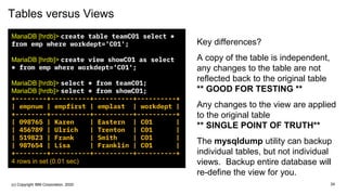 Tables versus Views
Key differences?
A copy of the table is independent,
any changes to the table are not
reflected back to the original table
** GOOD FOR TESTING **
Any changes to the view are applied
to the original table
** SINGLE POINT OF TRUTH**
The mysqldump utility can backup
individual tables, but not individual
views. Backup entire database will
re-define the view for you.
MariaDB [hrdb]> create table teamC01 select *
from emp where workdept='C01';
MariaDB [hrdb]> create view showC01 as select
* from emp where workdept='C01';
MariaDB [hrdb]> select * from teamC01;
MariaDB [hrdb]> select * from showC01;
+--------+----------+----------+----------+
| empnum | empfirst | emplast | workdept |
+--------+----------+----------+----------+
| 098765 | Karen | Eastern | C01 |
| 456789 | Ulrich | Trenton | C01 |
| 519823 | Frank | Smith | C01 |
| 987654 | Lisa | Franklin | C01 |
+--------+----------+----------+----------+
4 rows in set (0.01 sec)
24(c) Copyright IBM Corporation, 2020
 