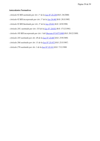 Página 59 de 59


Antecedentes Normativos

- Artículo 92 BIS sustituido por Art. 1° de la Ley N° 25.250 B.O. 2/6/2000;

- Artículo 92 BIS incorporado por Art. 1° de la Ley 24.465 B.O. 28/3/1995;

- Artículo 92 BIS Sustituido por Art. 3° de la Ley 25.013 B.O. 24/9/1998;

- Artículo 245, sustituido por Art. 153 de la Ley N° 24.013 B.O. 17/12/1991;

- Artículo 105 BIS incorporado por Art. 1 del Decreto N°1477/1989 B.O. 20/12/1989;

- Artículo 245 sustituido por Art. 48 de la Ley N° 23.697 B.O. 25/9/1989;

- Artículo 266 sustituido por Art. 11 de la Ley N° 23.472 B.O. 25/3/1987;

- Artículo 276 sustituido por Art. 1 de la Ley N° 22.311 B.O. 7/11/1980.
 