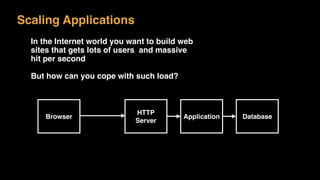 Scaling Applications
In the Internet world you want to build web
sites that gets lots of users and massive
hit per second
But how can you cope with such load?
Browser
HTTP
Server
Application Database
 
