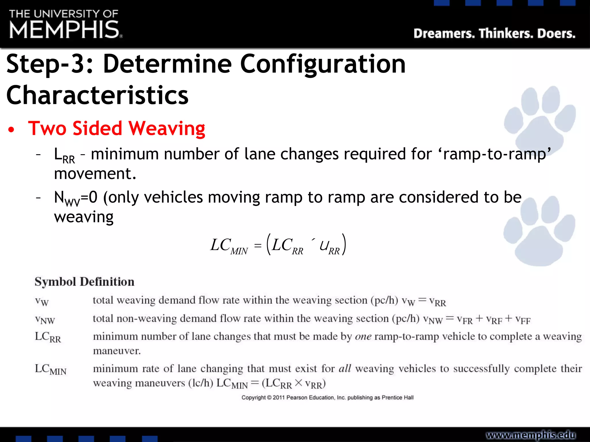 Step-3: Determine Configuration
Characteristics
• Two Sided Weaving
– LRR – minimum number of lane changes required for ‘ramp-to-ramp’
movement.
– NWV=0 (only vehicles moving ramp to ramp are considered to be
weaving
LCMIN = LCRR ´uRR( )
 
