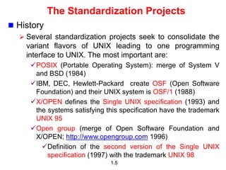 1.5
The Standardization Projects
 History
 Several standardization projects seek to consolidate the
variant flavors of UNIX leading to one programming
interface to UNIX. The most important are:
POSIX (Portable Operating System): merge of System V
and BSD (1984)
IBM, DEC, Hewlett-Packard create OSF (Open Software
Foundation) and their UNIX system is OSF/1 (1988)
X/OPEN defines the Single UNIX specification (1993) and
the systems satisfying this specification have the trademark
UNIX 95
Open group (merge of Open Software Foundation and
X/OPEN; http://www.opengroup.com 1996)
Definition of the second version of the Single UNIX
specification (1997) with the trademark UNIX 98
 
