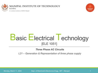 Monday, March 11, 2024 Dept. of Electrical & Electronics Engg., MIT - Manipal 1
Basic Electrical Technology
[ELE 1051]
Three Phase AC Circuits
L21 – Generation & Representation of three phase supply
 