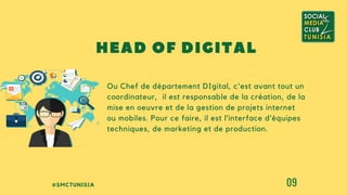 #SMCTUNISIA 09
Ou Chef de département DIgital, c'est avant tout un
coordinateur, il est responsable de la création, de la
mise en oeuvre et de la gestion de projets internet
ou mobiles. Pour ce faire, il est l’interface d’équipes
techniques, de marketing et de production.
HEAD OF DIGITAL
 