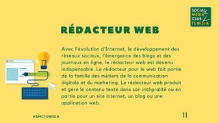 #SMCTUNISIA 11
RÉDACTEUR WEB
Avec l’évolution d’Internet, le développement des
réseaux sociaux, l’émergence des blogs et des
journaux en ligne, le rédacteur web est devenu
indispensable. Le rédacteur pour le web fait partie
de la famille des métiers de la communication
digitale et du marketing. Le rédacteur web produit
et gère le contenu texte dans son intégralité ou en
partie pour un site internet, un blog ou une
application web.
 