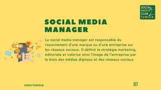 #SMCTUNISIA 07
Le social media manager est responsable du
rayonnement d’une marque ou d’une entreprise sur
les réseaux sociaux. Il définit la stratégie marketing,
éditoriale et valorise ainsi l’image de l’entreprise par
le biais des médias digitaux et des réseaux sociaux.
SOCIAL MEDIA
MANAGER
 