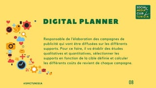 #SMCTUNISIA 08
Responsable de l’élaboration des campagnes de
publicité qui vont être diffusées sur les différents
supports. Pour ce faire, il va établir des études
qualitatives et quantitatives, sélectionner les
supports en fonction de la cible définie et calculer
les différents coûts de revient de chaque campagne.
DIGITAL PLANNER
 