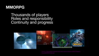 Source: The online computer and video game industry (OECD Report)
The MMORPG Top List
Thousands of players

Roles and responsibility

Continuity and progress

MMORPG
 