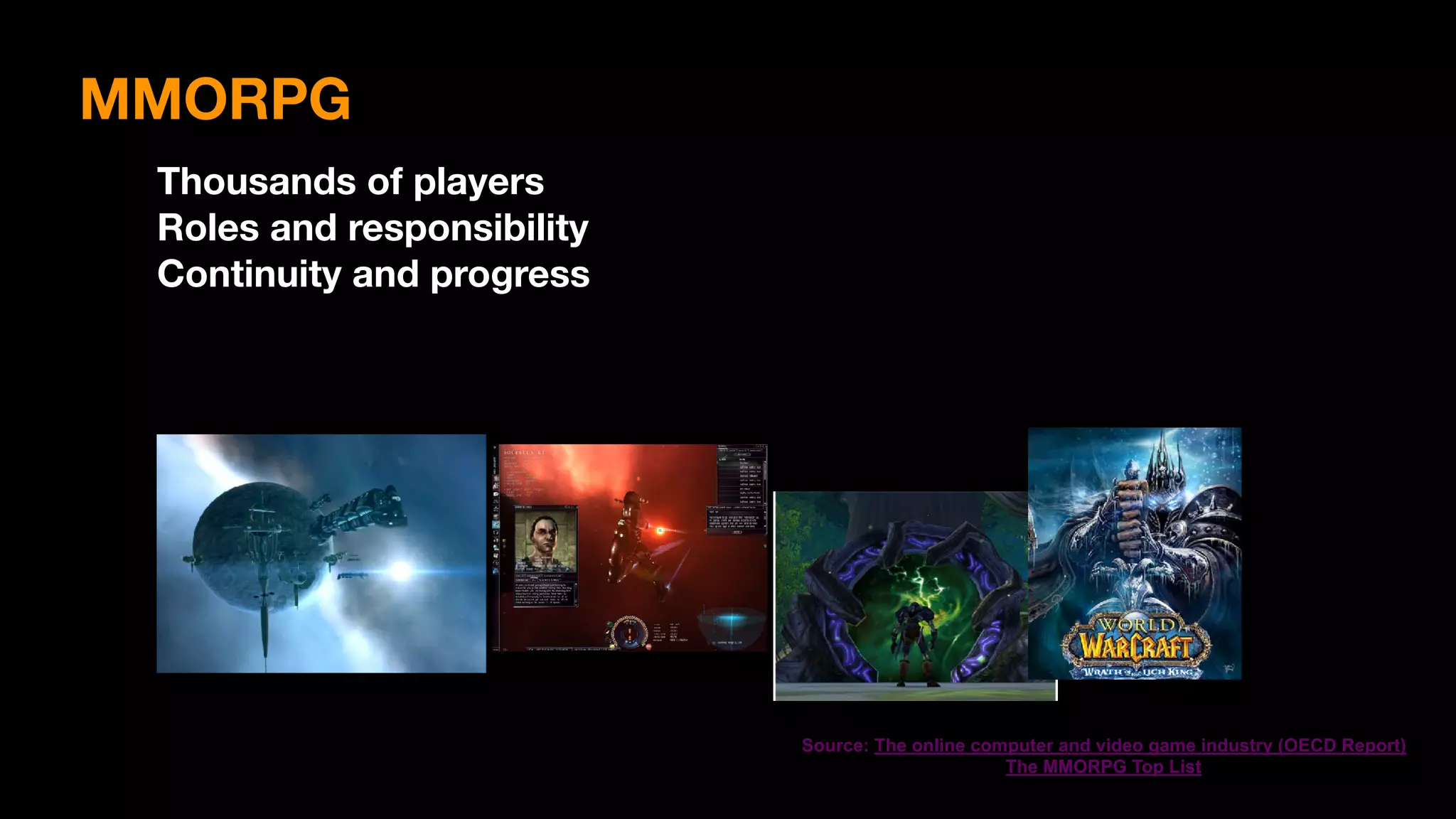 Source: The online computer and video game industry (OECD Report)
The MMORPG Top List
Thousands of players
Roles and responsibility
Continuity and progress
MMORPG
 