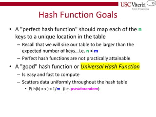 13
Hash Function Goals
• A "perfect hash function" should map each of the n
keys to a unique location in the table
– Recall that we will size our table to be larger than the
expected number of keys…i.e. n < m
– Perfect hash functions are not practically attainable
• A "good" hash function or Universal Hash Function
– Is easy and fast to compute
– Scatters data uniformly throughout the hash table
• P( h(k) = x ) = 1/m (i.e. pseudorandom)
 