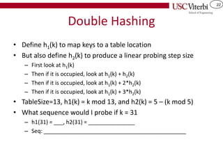 22
Double Hashing
• Define h1(k) to map keys to a table location
• But also define h2(k) to produce a linear probing step size
– First look at h1(k)
– Then if it is occupied, look at h1(k) + h2(k)
– Then if it is occupied, look at h1(k) + 2*h2(k)
– Then if it is occupied, look at h1(k) + 3*h2(k)
• TableSize=13, h1(k) = k mod 13, and h2(k) = 5 – (k mod 5)
• What sequence would I probe if k = 31
– h1(31) = ___, h2(31) = _______________
– Seq: ______________________________________________
 