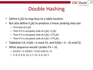 23
Double Hashing
• Define h1(k) to map keys to a table location
• But also define h2(k) to produce a linear probing step size
– First look at h1(k)
– Then if it is occupied, look at h1(k) + h2(k)
– Then if it is occupied, look at h1(k) + 2*h2(k)
– Then if it is occupied, look at h1(k) + 3*h2(k)
• TableSize=13, h1(k) = k mod 13, and h2(k) = 5 – (k mod 5)
• What sequence would I probe if k = 31
– h1(31) = 5, h2(31) = 5-(31 mod 5) = 4
– 5, 9, 0, 4, 8, 12, 3, 7, 11, 2, 6, 10, 1
 