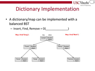 3
Dictionary Implementation
• A dictionary/map can be implemented with a
balanced BST
– Insert, Find, Remove = O(______________)
"Jordan" Student
object
key value
"Frank" Student
object
"Percy" Student
object
"Anne" Student
object
"Greg" Student
object
"Tommy" Student
object
Map::find("Greg") Map::find("Mark")
 