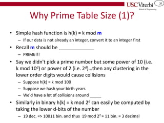 31
Why Prime Table Size (1)?
• Simple hash function is h(k) = k mod m
– If our data is not already an integer, convert it to an integer first
• Recall m should be _____________
– PRIME!!!
• Say we didn't pick a prime number but some power of 10 (i.e.
k mod 10d) or power of 2 (i.e. 2d)…then any clustering in the
lower order digits would cause collisions
– Suppose h(k) = k mod 100
– Suppose we hash your birth years
– We'd have a lot of collisions around _____
• Similarly in binary h(k) = k mod 2d can easily be computed by
taking the lower d-bits of the number
– 19 dec. => 10011 bin. and thus 19 mod 22 = 11 bin. = 3 decimal
 