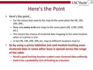 34
Here's the Point
• Here's the point…
– For the values that used to ALL map to the same place like 99, 199,
299, 399…
– Now, only every m-th one maps to the same place (99, 1199, 2299,
etc.)
– This means the chance of clustered data mapping to the same location
when m is prime is 1/m
– In fact 99, 199, 299, 399, etc. map to different locations mod 11
• So by using a prime tableSize (m) and modulo hashing even
clustered data in some other base is spread across the range
of the table
– Recall a good hashing function scatters even clustered data uniformly
– Each k has a probability 1/m of hashing to a location
 