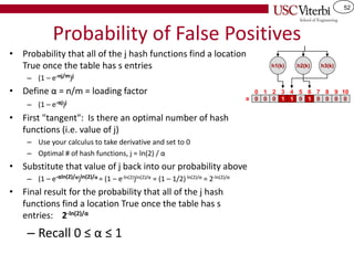 52
Probability of False Positives
• Probability that all of the j hash functions find a location
True once the table has s entries
– (1 – e-nj/m)j
• Define α = n/m = loading factor
– (1 – e-αj)j
• First "tangent": Is there an optimal number of hash
functions (i.e. value of j)
– Use your calculus to take derivative and set to 0
– Optimal # of hash functions, j = ln(2) / α
• Substitute that value of j back into our probability above
– (1 – e-αln(2)/α)ln(2)/α = (1 – e-ln(2))ln(2)/α = (1 – 1/2) ln(2)/α = 2-ln(2)/α
• Final result for the probability that all of the j hash
functions find a location True once the table has s
entries: 2-ln(2)/α
– Recall 0 ≤ α ≤ 1
0 0 0 1 1
0 1 2 3 4
0
5
1 0
6 7
0
8
0
9
0
10
h1(k) h2(k) h3(k)
a
 