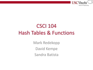 1
CSCI 104
Hash Tables & Functions
Mark Redekopp
David Kempe
Sandra Batista
 