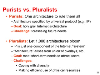 69
Purists vs. Pluralists
• Purists: One architecture to rule them all
– Architecture specified by universal protocol (e.g., IP)
– Goal: holy grail Internet architecture
– Challenge: foreseeing future needs
• Pluralists: Let 1,000 architectures bloom
– IP is just one component of the Internet “system”
– “Architecture” arises from union of overlays, etc.
– Goal: meet short-term needs to attract users
– Challenges:
• Coping with diversity
• Making efficient use of physical resources
 