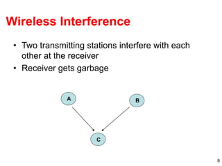 8
Wireless Interference
• Two transmitting stations interfere with each
other at the receiver
• Receiver gets garbage
A B
C
 