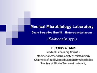 Medical Microbiology Laboratory
Gram Negative Bacilli – Enterobacteriaceae
(Salmonella spp.)
Hussein A. Abid
Medical Laboratory Scientist
Member at American Society of Microbiology
Chairman of Iraqi Medical Laboratory Association
Teacher at Middle Technical University
 