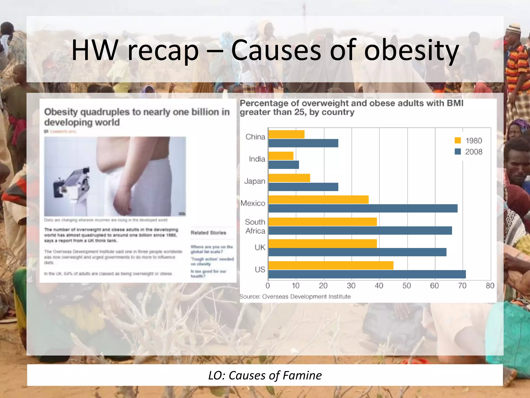 HW recap – Causes of obesity
LO: Causes of Famine
 