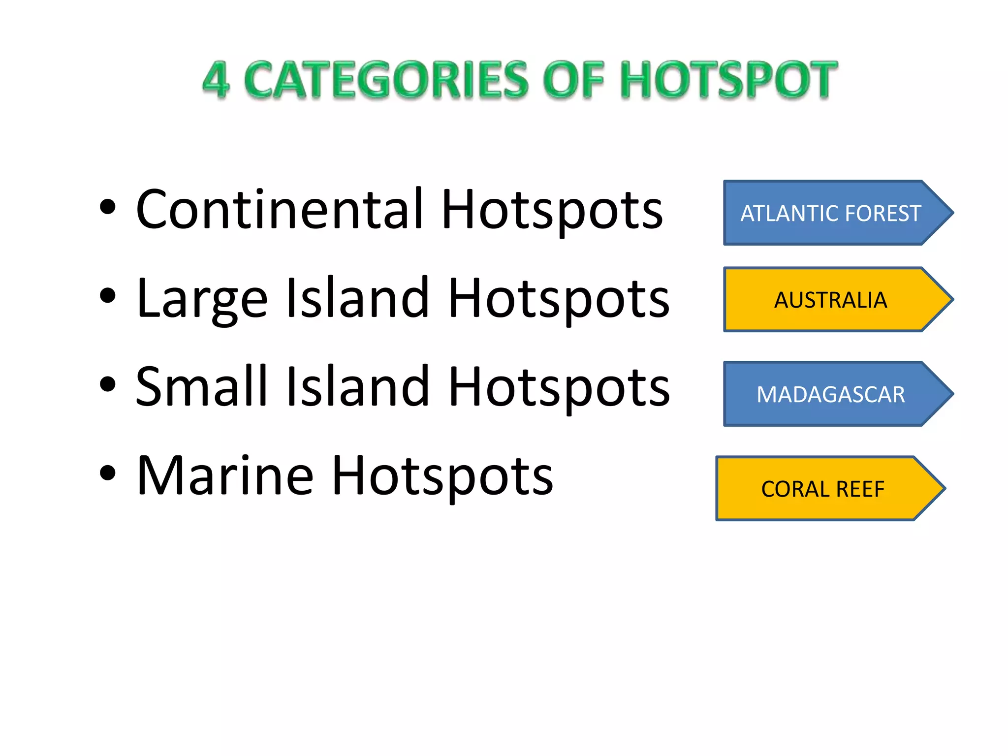 • Continental Hotspots
• Large Island Hotspots
• Small Island Hotspots
• Marine Hotspots
ATLANTIC FOREST
AUSTRALIA
MADAGASCAR
CORAL REEF
 