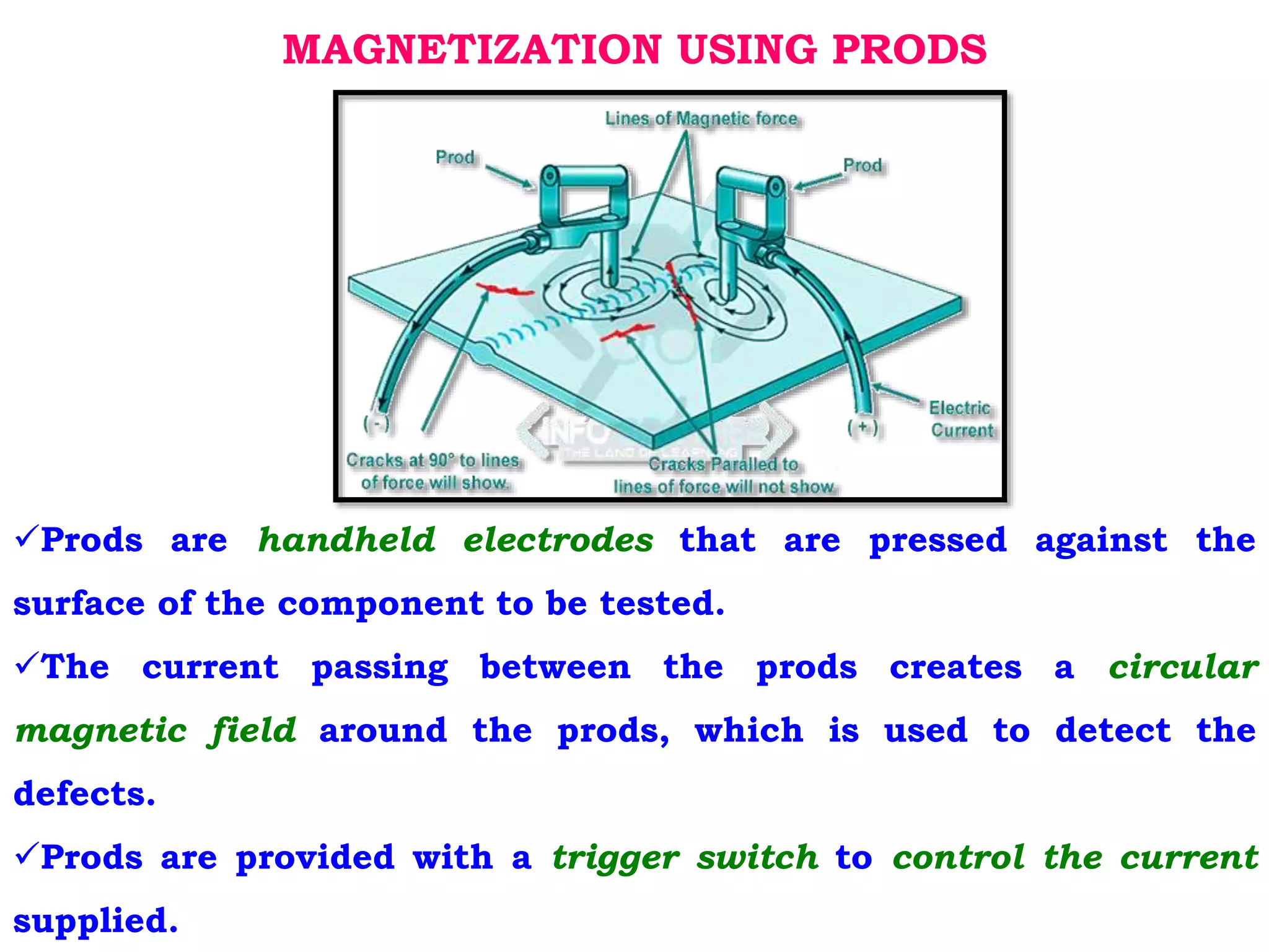 MAGNETIZATION USING PRODS
Prods are handheld electrodes that are pressed against the
surface of the component to be tested.
The current passing between the prods creates a circular
magnetic field around the prods, which is used to detect the
defects.
Prods are provided with a trigger switch to control the current
supplied.
 