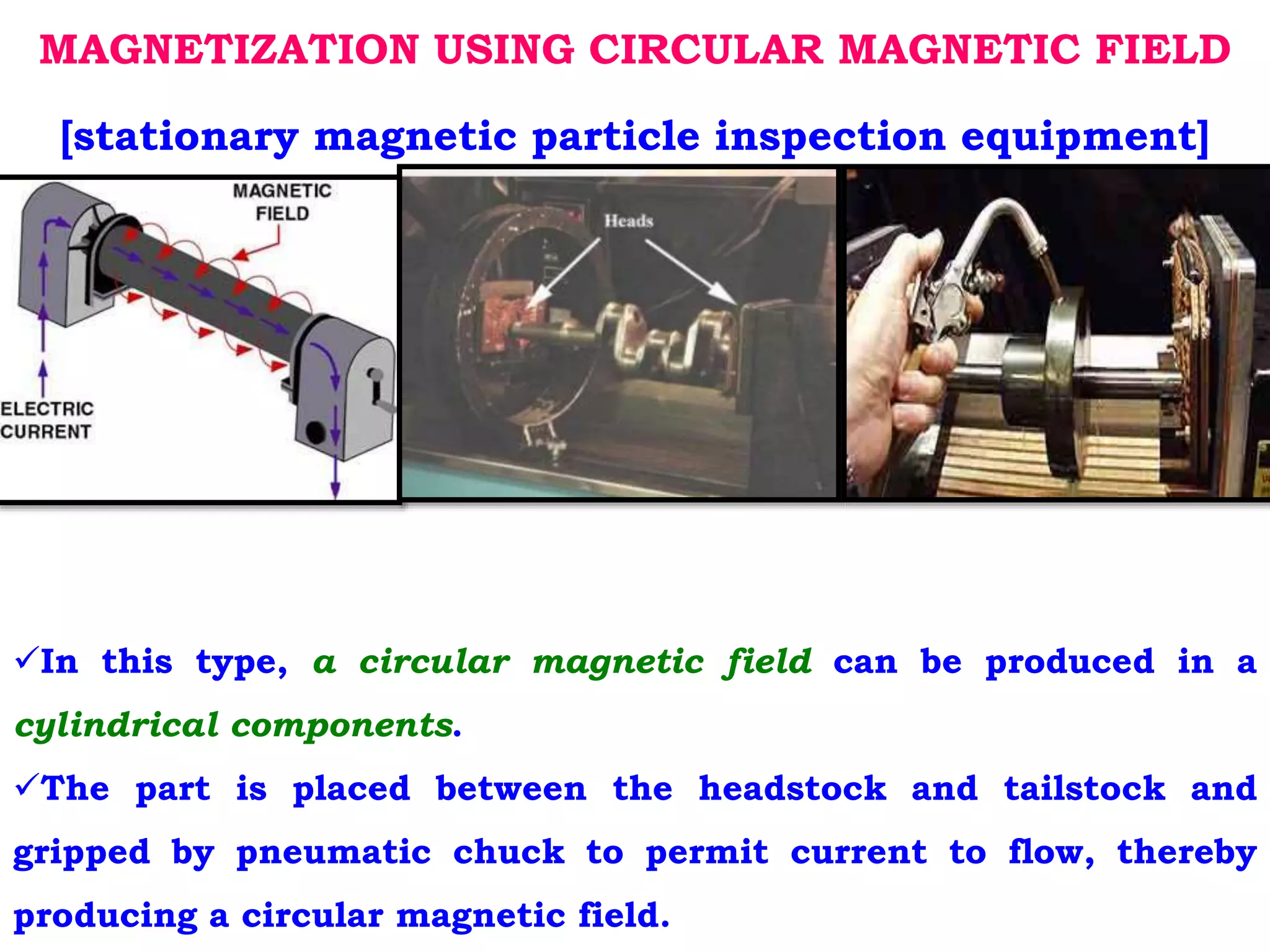 MAGNETIZATION USING CIRCULAR MAGNETIC FIELD
[stationary magnetic particle inspection equipment]
In this type, a circular magnetic field can be produced in a
cylindrical components.
The part is placed between the headstock and tailstock and
gripped by pneumatic chuck to permit current to flow, thereby
producing a circular magnetic field.
 
