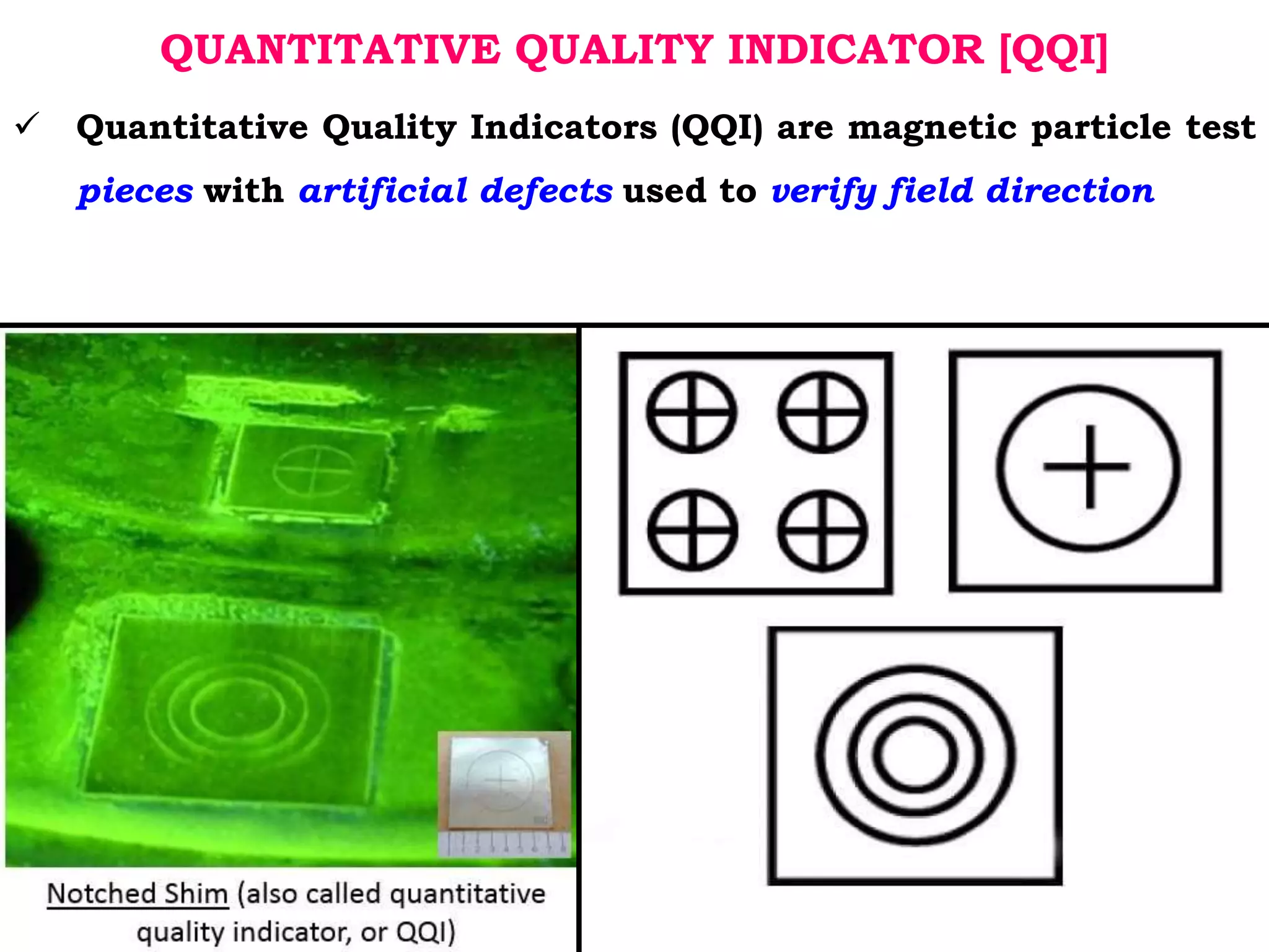 QUANTITATIVE QUALITY INDICATOR [QQI]
 Quantitative Quality Indicators (QQI) are magnetic particle test
pieces with artificial defects used to verify field direction
 