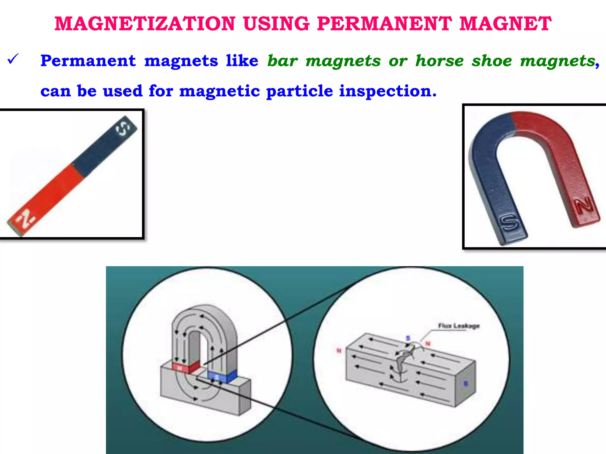MAGNETIZATION USING PERMANENT MAGNET
 Permanent magnets like bar magnets or horse shoe magnets,
can be used for magnetic particle inspection.
 